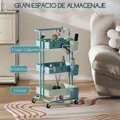 Carrito auxiliar Nuvem Homcom 3 niveles con ganchos y cestas 86,5x42x38 cm