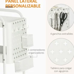 Carrito auxiliar Rush Homcom 3 niveles + 4 ganchos + 2 cestas blanco 75,6x51,5x32 cm