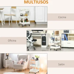 Carrito auxiliar Rush Homcom 3 niveles + 4 ganchos + 2 cestas blanco 75,6x51,5x32 cm