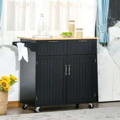 Carrito auxiliar Sil Homcom 2 cajones + aramario doble + toallero negro 91x46x104 cm