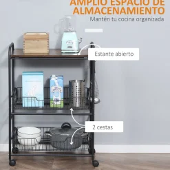 Carrito auxiliar Taipa Homcom 3 niveles + 2 cestas + 4 ganchos marrón oscuro 85,5x60x38 cm