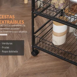Carrito auxiliar Taipa Homcom 3 niveles + 2 cestas + 4 ganchos marrón oscuro 85,5x60x38 cm