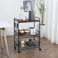 Carrito auxiliar Taipa Homcom 3 niveles + 2 cestas + 4 ganchos marrón oscuro 85,5x60x38 cm
