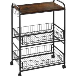 Carrito auxiliar Taipa Homcom 3 niveles + 2 cestas + 4 ganchos marrón oscuro 85,5x60x38 cm