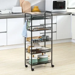 Carrito auxiliar Tajo Homcom 5 estantes con ruedas negro 106x26,5x45 cm