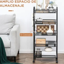 Carrito auxiliar Tajo Homcom 5 estantes con ruedas negro 106x26,5x45 cm