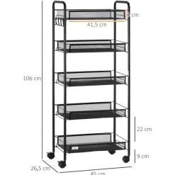 Carrito auxiliar Tajo Homcom 5 estantes con ruedas negro 106x26,5x45 cm