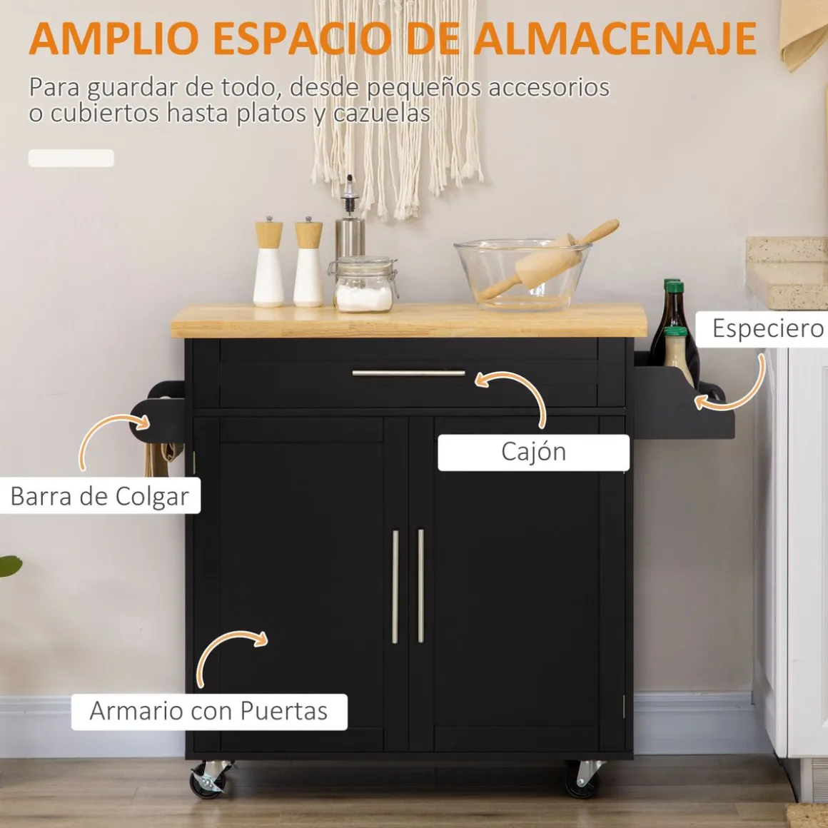Carrito auxiliar Tea Homcom con ruedas negro 89x109x40 cm
