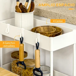 Carrito auxiliar Temba Homcom 4 cestas y ruedas blanco 90x40x19 cm