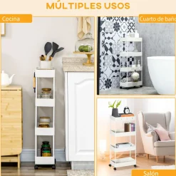 Carrito auxiliar Temba Homcom 4 cestas y ruedas blanco 90x40x19 cm
