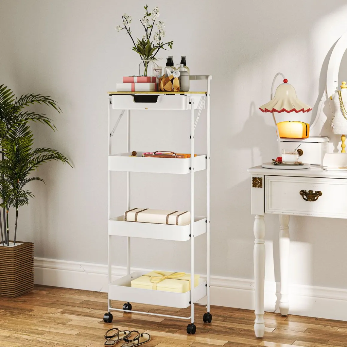 Carrito auxiliar Thila Homcom 3 estantes con cajón 117,5x45x29,5 cm