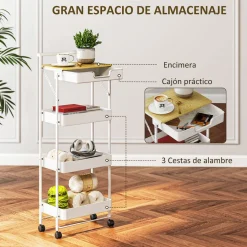 Carrito auxiliar Thila Homcom 3 estantes con cajón 117,5x45x29,5 cm