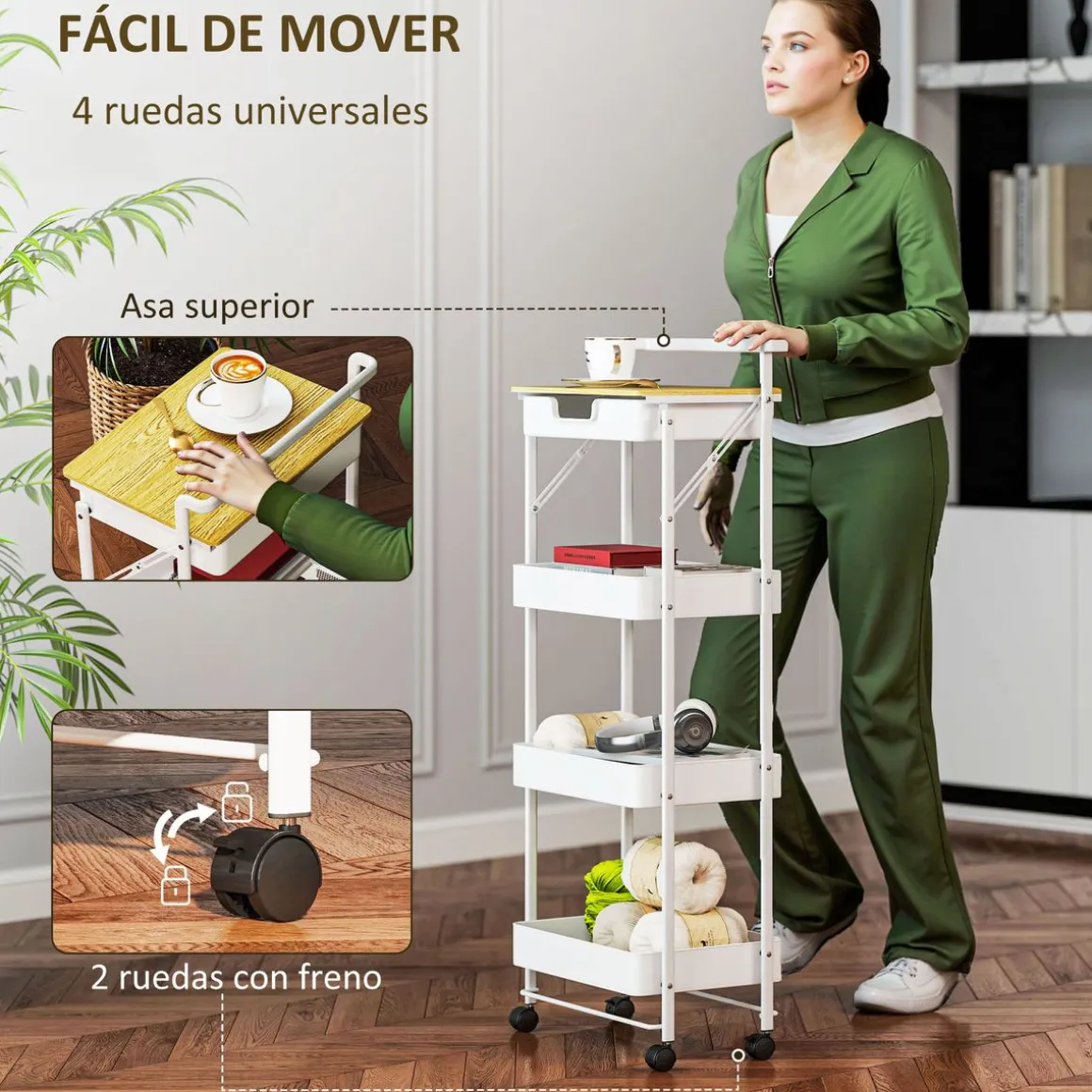 Carrito auxiliar Thila Homcom 3 estantes con cajón 117,5x45x29,5 cm