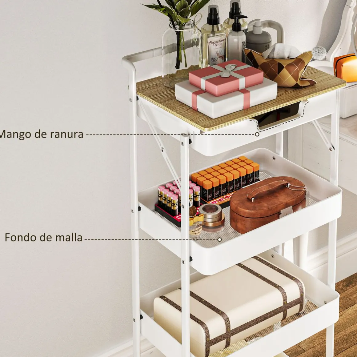Carrito auxiliar Thila Homcom 3 estantes con cajón 117,5x45x29,5 cm