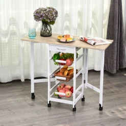 Carrito auxiliar Tucán Homcom 1 cajón + 3 cestas + 6 ruedas plegable blanco/roble 77,5x97,2x37 cm