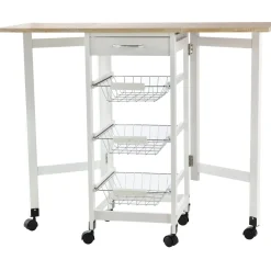 Carrito auxiliar Tucán Homcom 1 cajón + 3 cestas + 6 ruedas plegable blanco/roble 77,5x97,2x37 cm