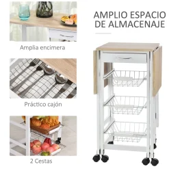 Carrito auxiliar Tucán Homcom 1 cajón + 3 cestas + 6 ruedas plegable blanco/roble 77,5x97,2x37 cm
