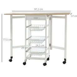 Carrito auxiliar Tucán Homcom 1 cajón + 3 cestas + 6 ruedas plegable blanco/roble 77,5x97,2x37 cm