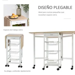 Carrito auxiliar Tucán Homcom 1 cajón + 3 cestas + 6 ruedas plegable blanco/roble 77,5x97,2x37 cm