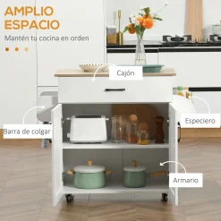 Carrito auxiliar Turia Homcom armario doble + cajón + barra lateral blanco 85x36x105 cm