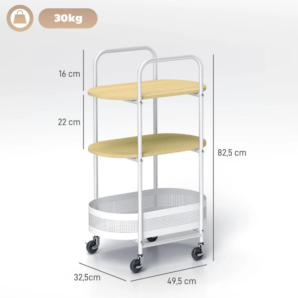 Carrito auxiliar Vainilla Homcom 1 cesta + 2 estantes blanco/natural 82,5x49,5x32,5 cm