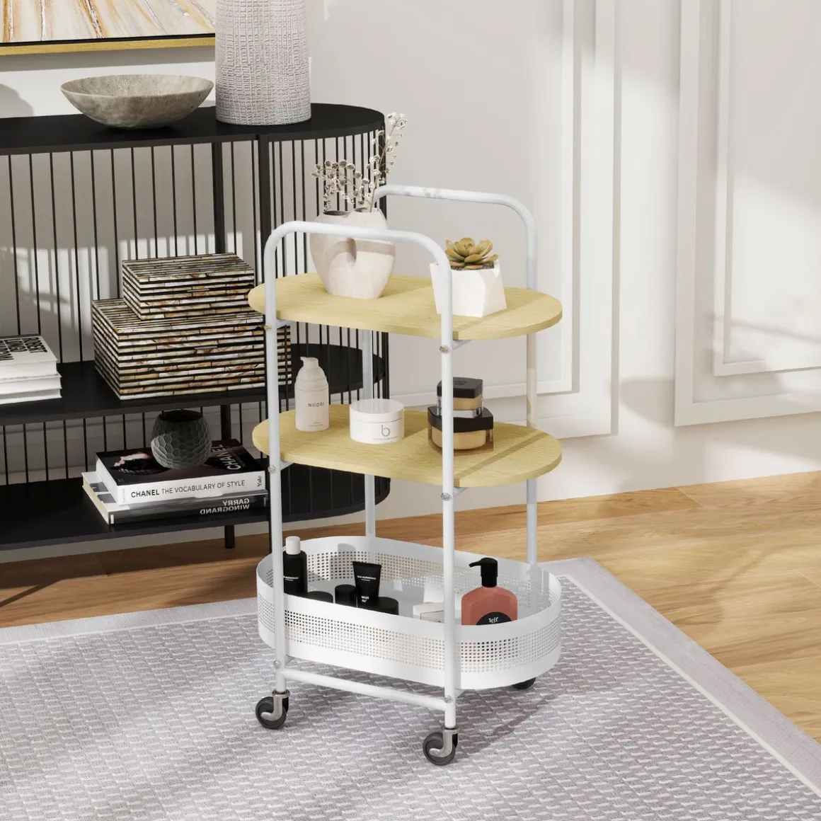 Carrito auxiliar Vainilla Homcom 1 cesta + 2 estantes blanco/natural 82,5x49,5x32,5 cm