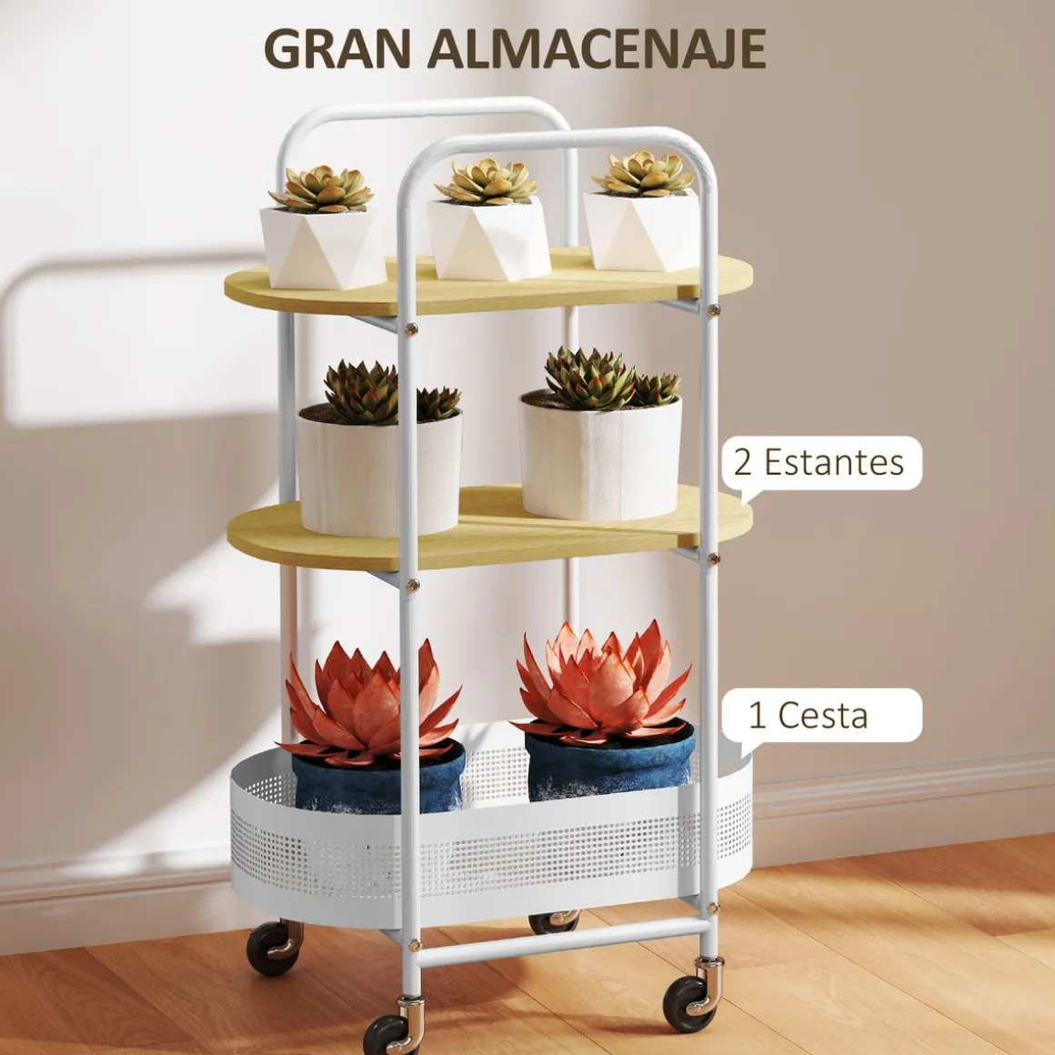 Carrito auxiliar Vainilla Homcom 1 cesta + 2 estantes blanco/natural 82,5x49,5x32,5 cm