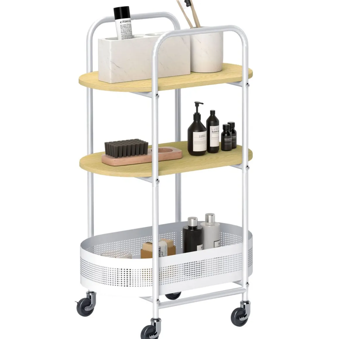Carrito auxiliar Vainilla Homcom 1 cesta + 2 estantes blanco/natural 82,5x49,5x32,5 cm