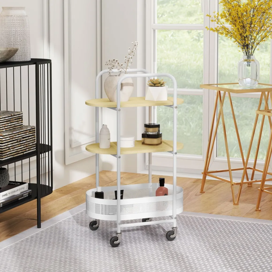 Carrito auxiliar Vainilla Homcom 1 cesta + 2 estantes blanco/natural 82,5x49,5x32,5 cm