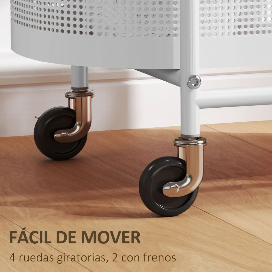 Carrito auxiliar Vainilla Homcom 1 cesta + 2 estantes blanco/natural 82,5x49,5x32,5 cm