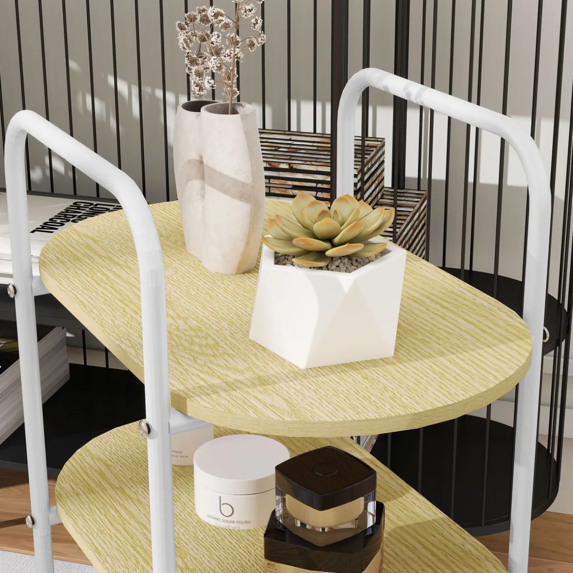 Carrito auxiliar Vainilla Homcom 1 cesta + 2 estantes blanco/natural 82,5x49,5x32,5 cm