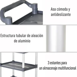 Carrito con ruedas Homcom 3 niveles gris 93x88x44 cm