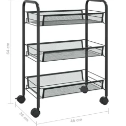 Carrito de cocina 3 niveles con ruedas negro 64x46x26 cm