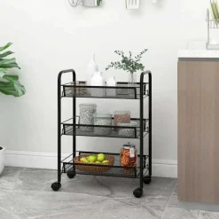 Carrito de cocina 3 niveles con ruedas negro 64x46x26 cm