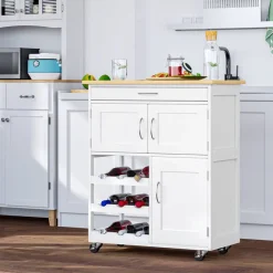 Carrito de cocina auxiliar Homcom 1 cajón+3 compartimentos+botellero blanco/natural 87x67x37 cm
