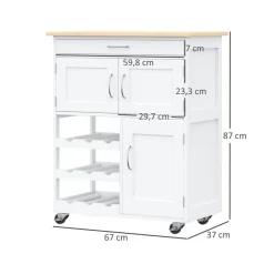 Carrito de cocina auxiliar Homcom 1 cajón+3 compartimentos+botellero blanco/natural 87x67x37 cm