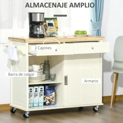 Carrito de cocina auxiliar Homcom con ruedas crema/natural 89,5x110x49,5 cm