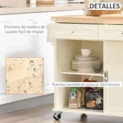 Carrito de cocina auxiliar Homcom con ruedas crema/natural 89,5x110x49,5 cm