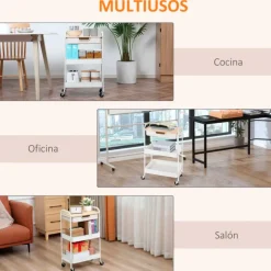 Carrito de cocina auxiliar Homcom 3 niveles 1 cajón 2 cestas con ruedas blanco 75,6x43,9x60,5 cm