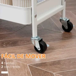 Carrito de cocina auxiliar Homcom 3 niveles 1 cajón 2 cestas con ruedas blanco 75,6x43,9x60,5 cm