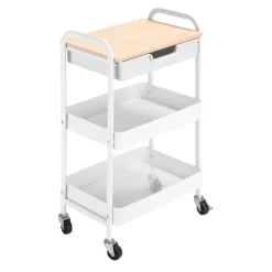 Carrito de cocina auxiliar Homcom 3 niveles 1 cajón 2 cestas con ruedas blanco 75,6x43,9x60,5 cm