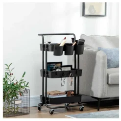 Carrito multifunción Homcom 3 niveles con ganchos negro 86,5x42x38 cm