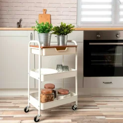 Carrito multiusos Garbo Quid 3 niveles con ruedas blanco/natural 75x46,5x30,5 cm