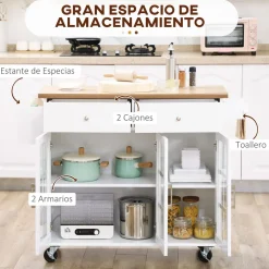 Carrito multiusos Homcom 2 cajones + 3 puertas blanco/natural 90x124,5x39,5 cm