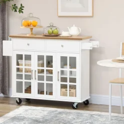 Carrito multiusos Homcom 2 cajones + 3 puertas blanco/natural 90x124,5x39,5 cm