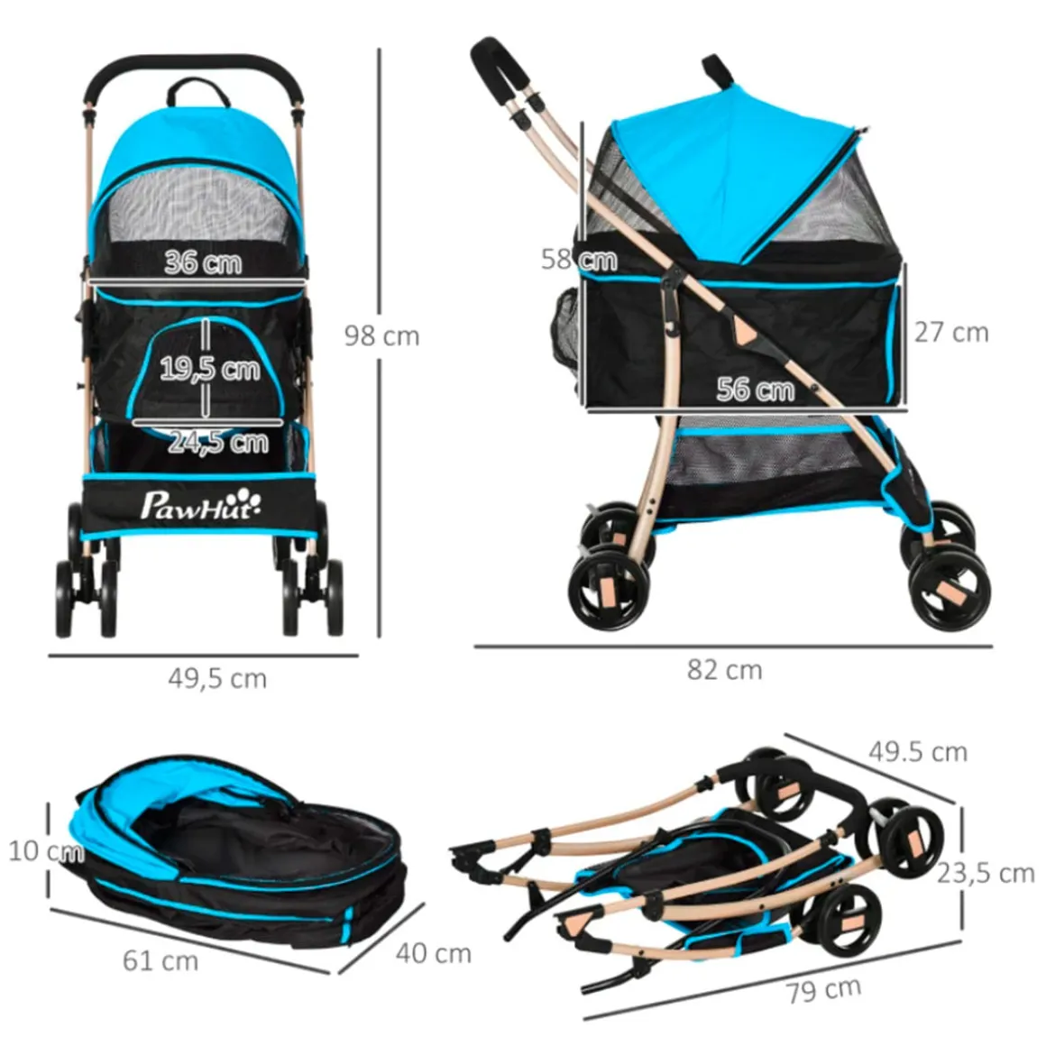 Carrito para mascotas PawHut 3 en 1 con cesta plegable 98x49,5x82 cm
