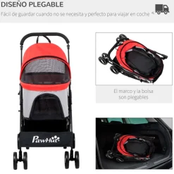 Carrito para mascotas PawHut 3 en 1 con cesta plegable 98x49,5x82 cm