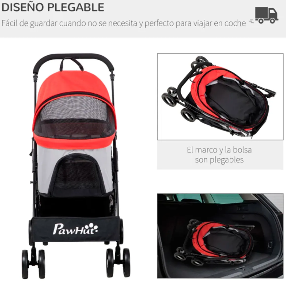 Carrito para mascotas PawHut 3 en 1 con cesta plegable 98x49,5x82 cm