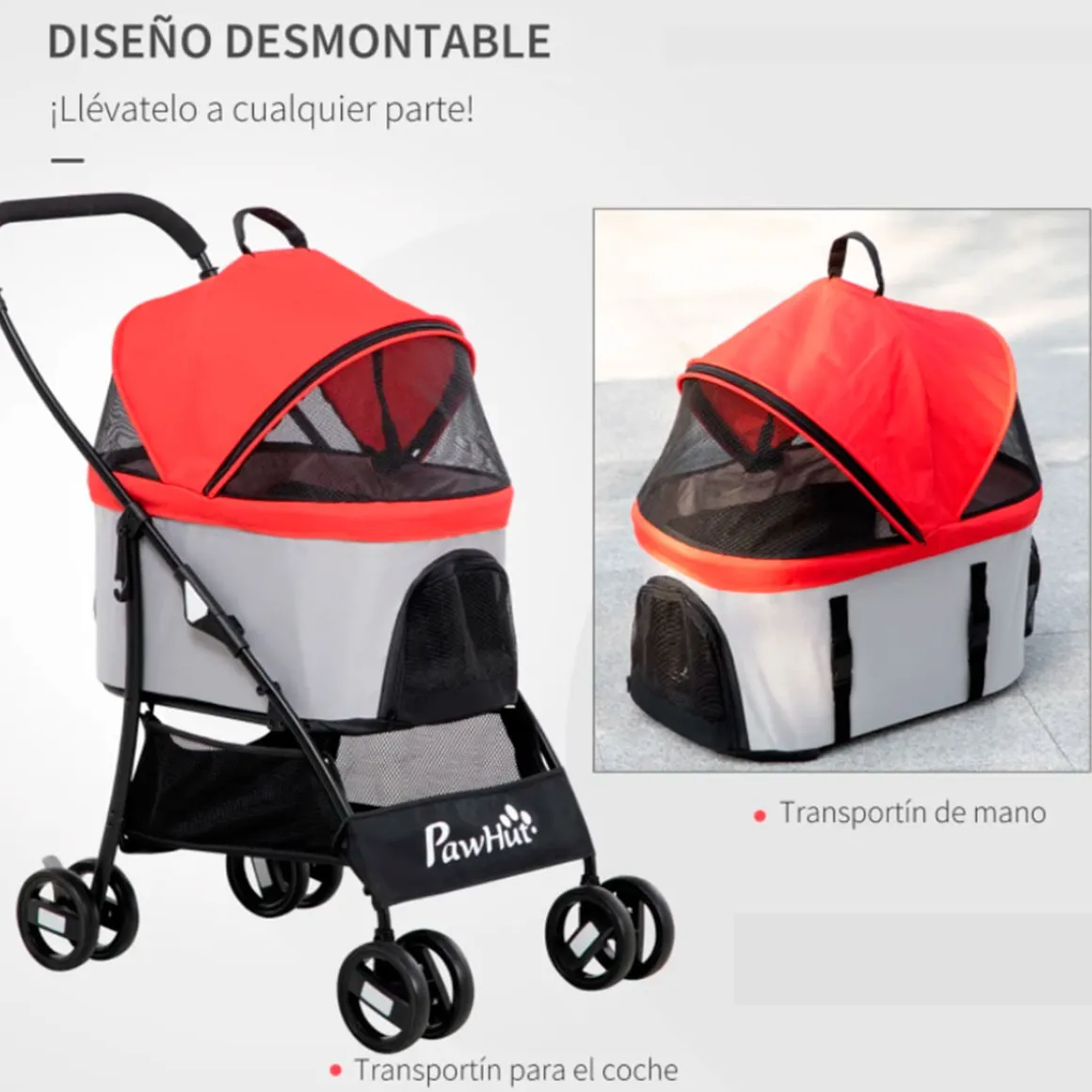 Carrito para mascotas PawHut 3 en 1 con cesta plegable 98x49,5x82 cm