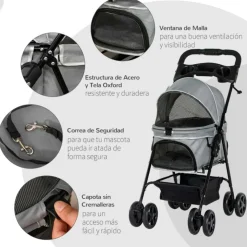 Carrito PawHut para mascotas plegable con toldo gris 96x45x67 cm